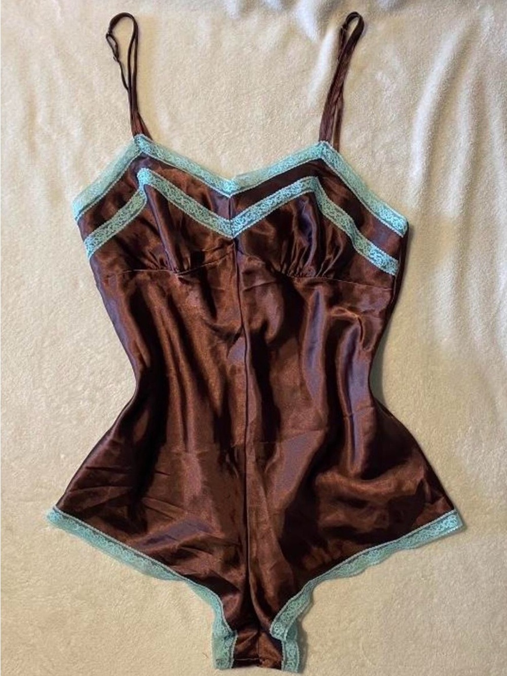 Vintage Silky Romper Turquoise Lace